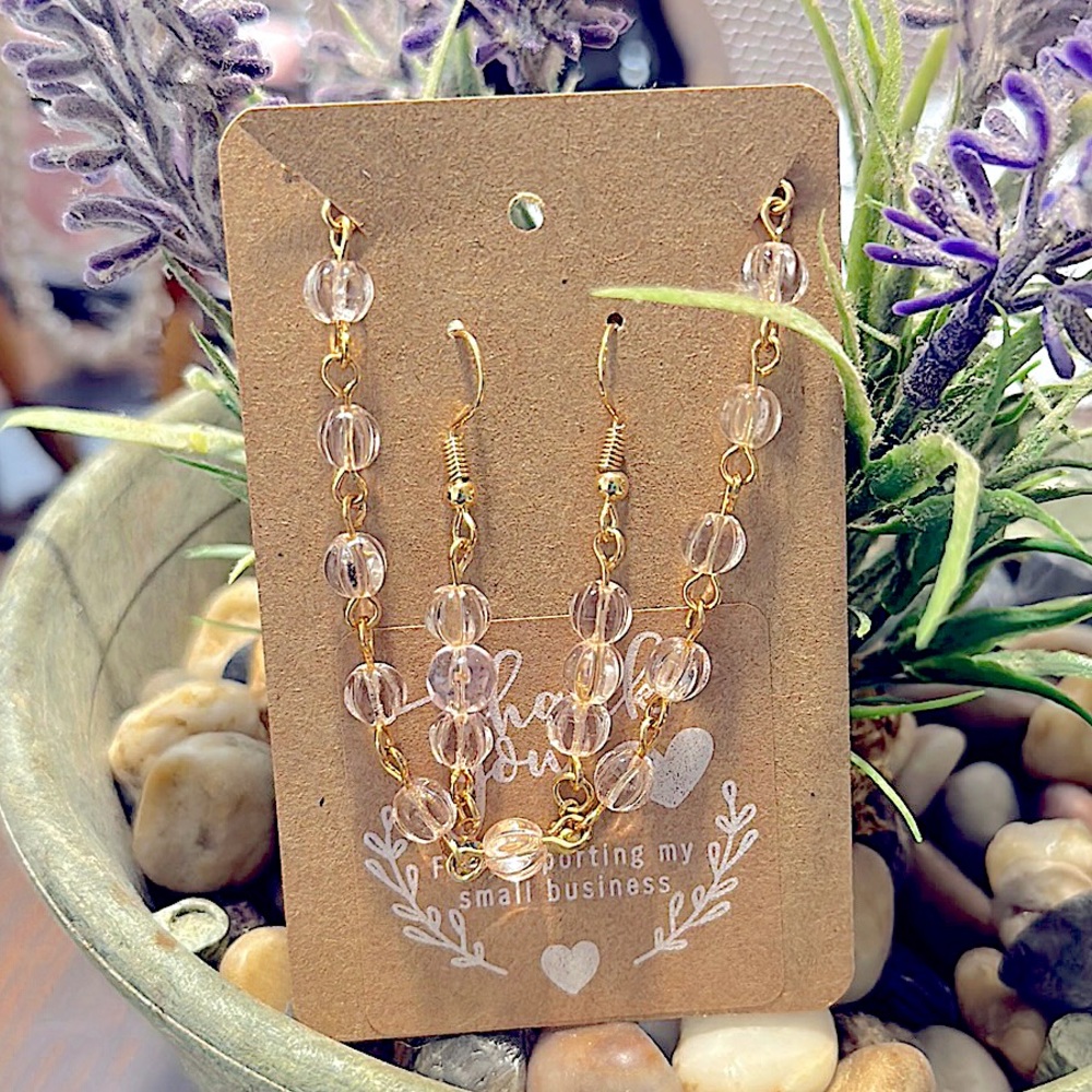 New 2pc Set, GOLD Clear Crystal Glass Light Pink Bracelet+Matching Earrings, 925 - Picture 2 of 16